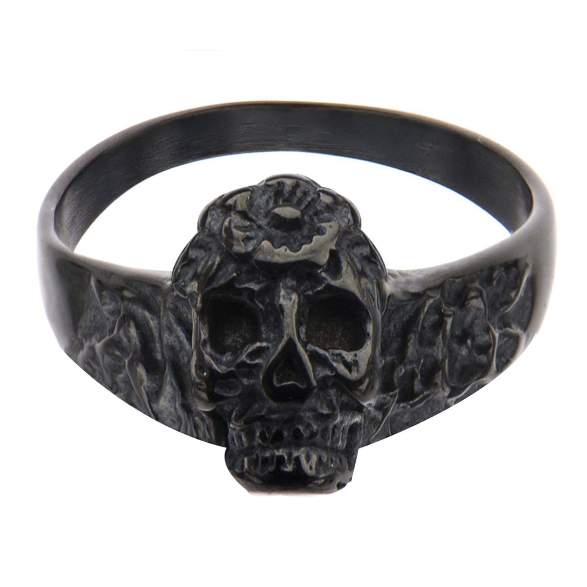 INOX JEWELRY Rings Black Stainless Steel Skull with Carved Flowers Ring