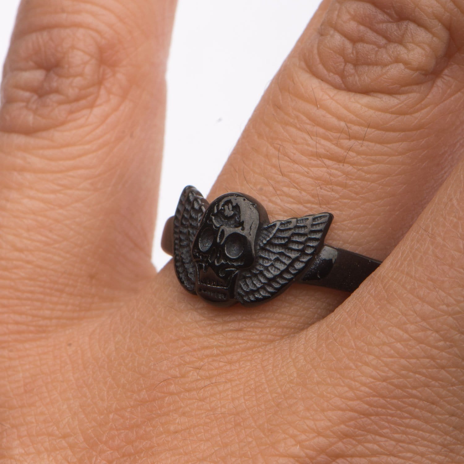 INOX JEWELRY Rings Black Stainless Steel Skull with Wings Ring