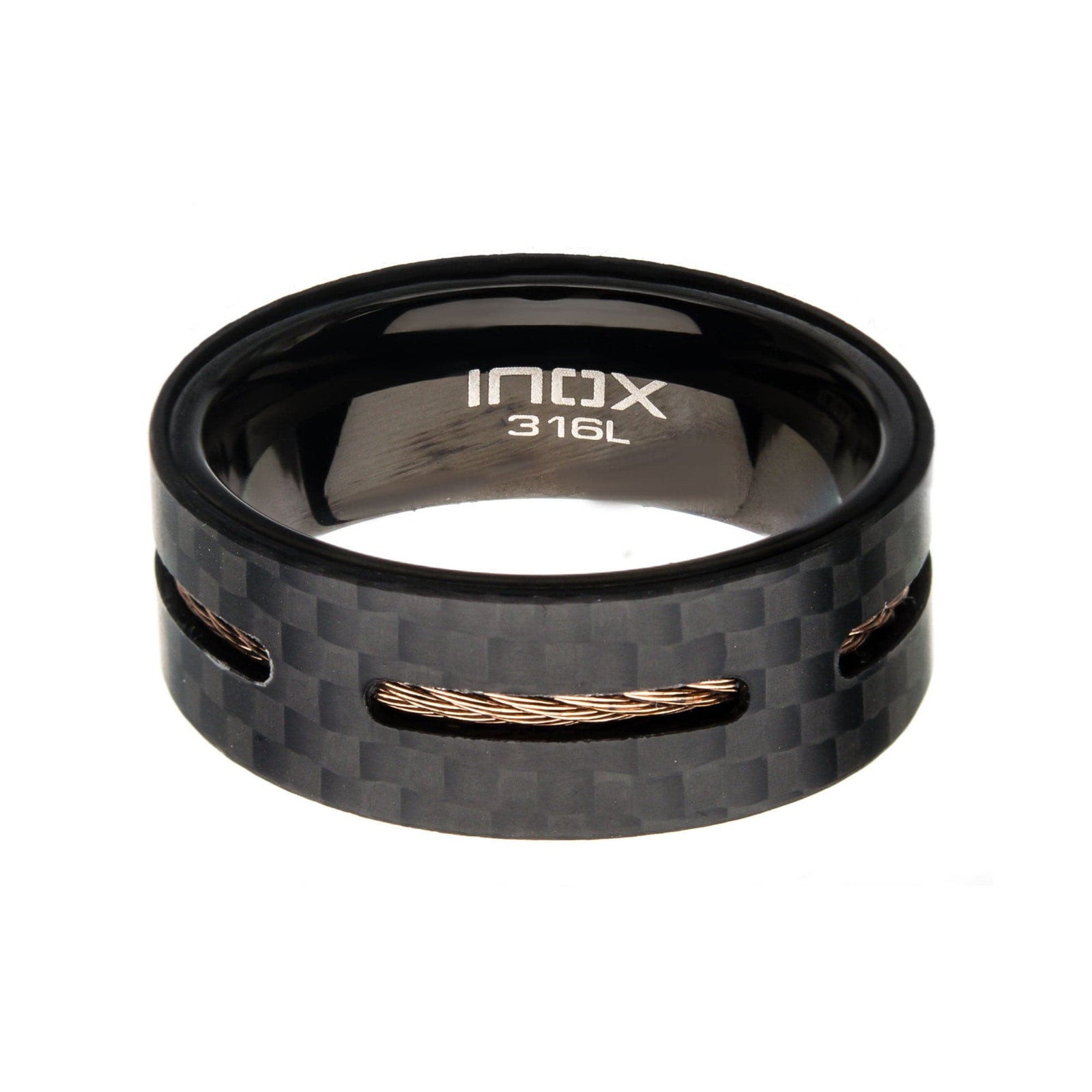 INOX JEWELRY Rings Black Stainless Steel Solid Carbon Fiber and Brown Cable Inlaid Band Ring
