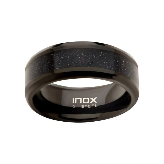 INOX JEWELRY Rings Black Stainless Steel with Genuine Blue Sandstone Inlay Band Ring