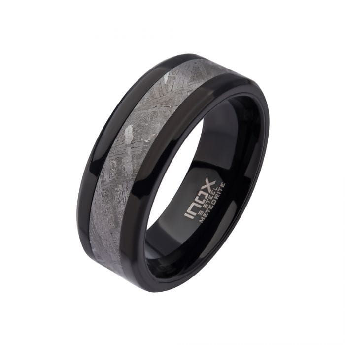 INOX JEWELRY Rings Black Stainless Steel with Genuine Meteorite Inlay Band Ring FRMT419K-11