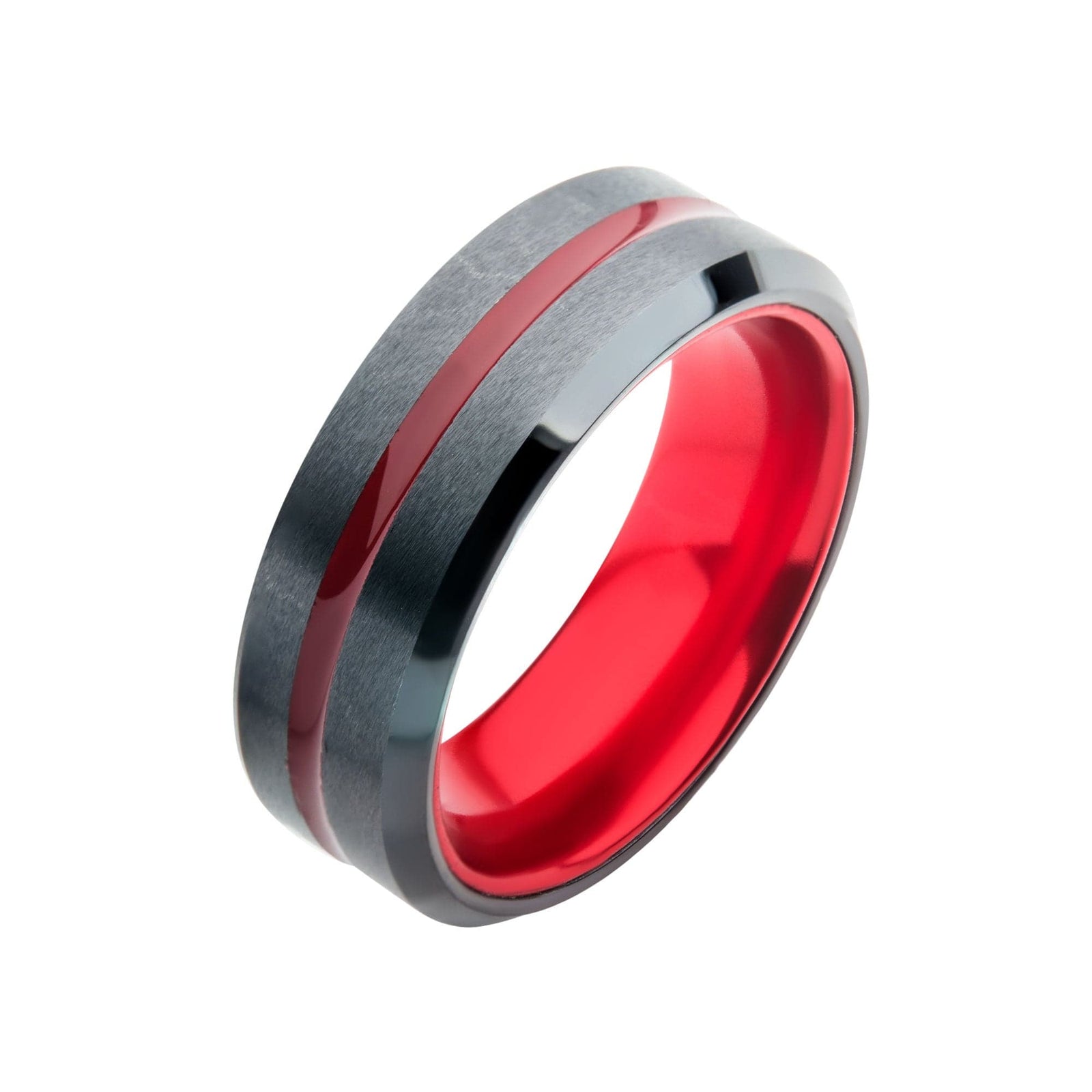 INOX JEWELRY Rings Black Stainless Steel with Inlaid Red Aluminum Beveled Wedding Band Ring