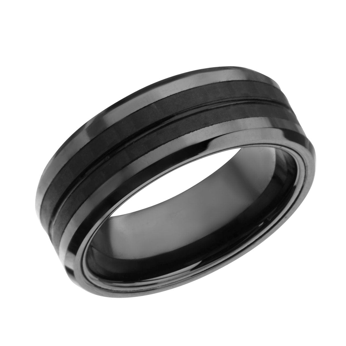 INOX JEWELRY Rings Black Stainless Steel Zero Gravity Collection Double Line Solid Carbon Fiber Band Ring