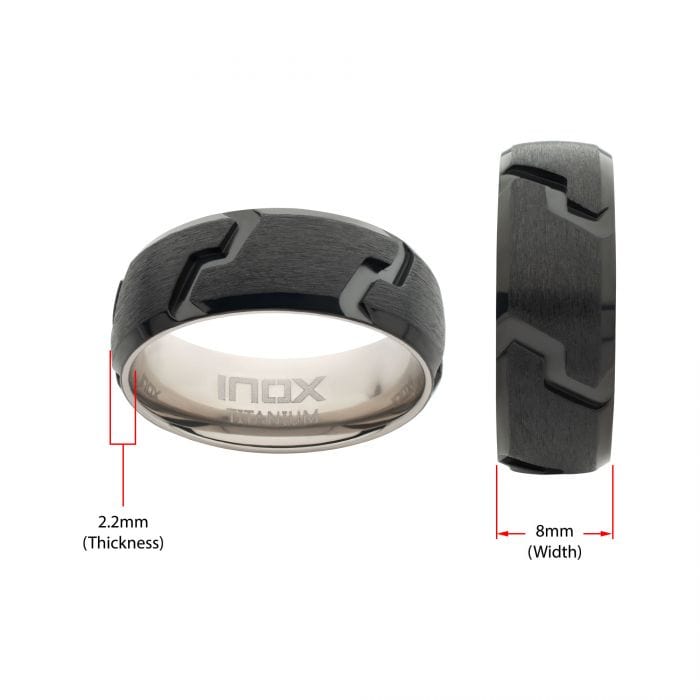 INOX JEWELRY Rings Black Titanium Tread Pattern Band Ring