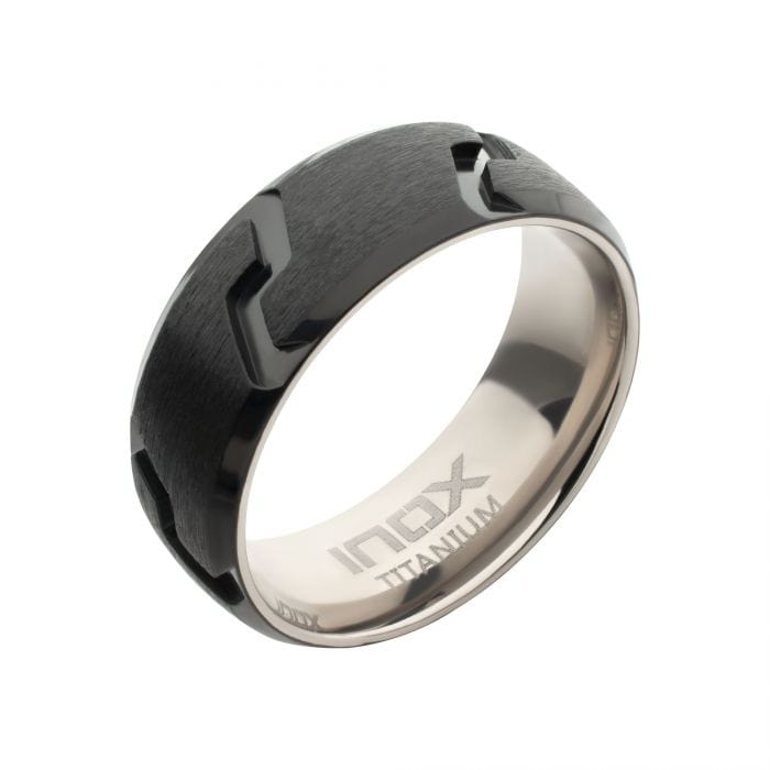INOX JEWELRY Rings Black Titanium Tread Pattern Band Ring