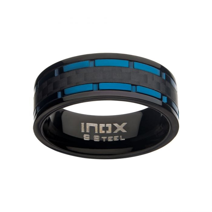INOX JEWELRY Rings Blue and Black Stainless Steel Black Carbon Fiber Inlaid Hammered Band Ring