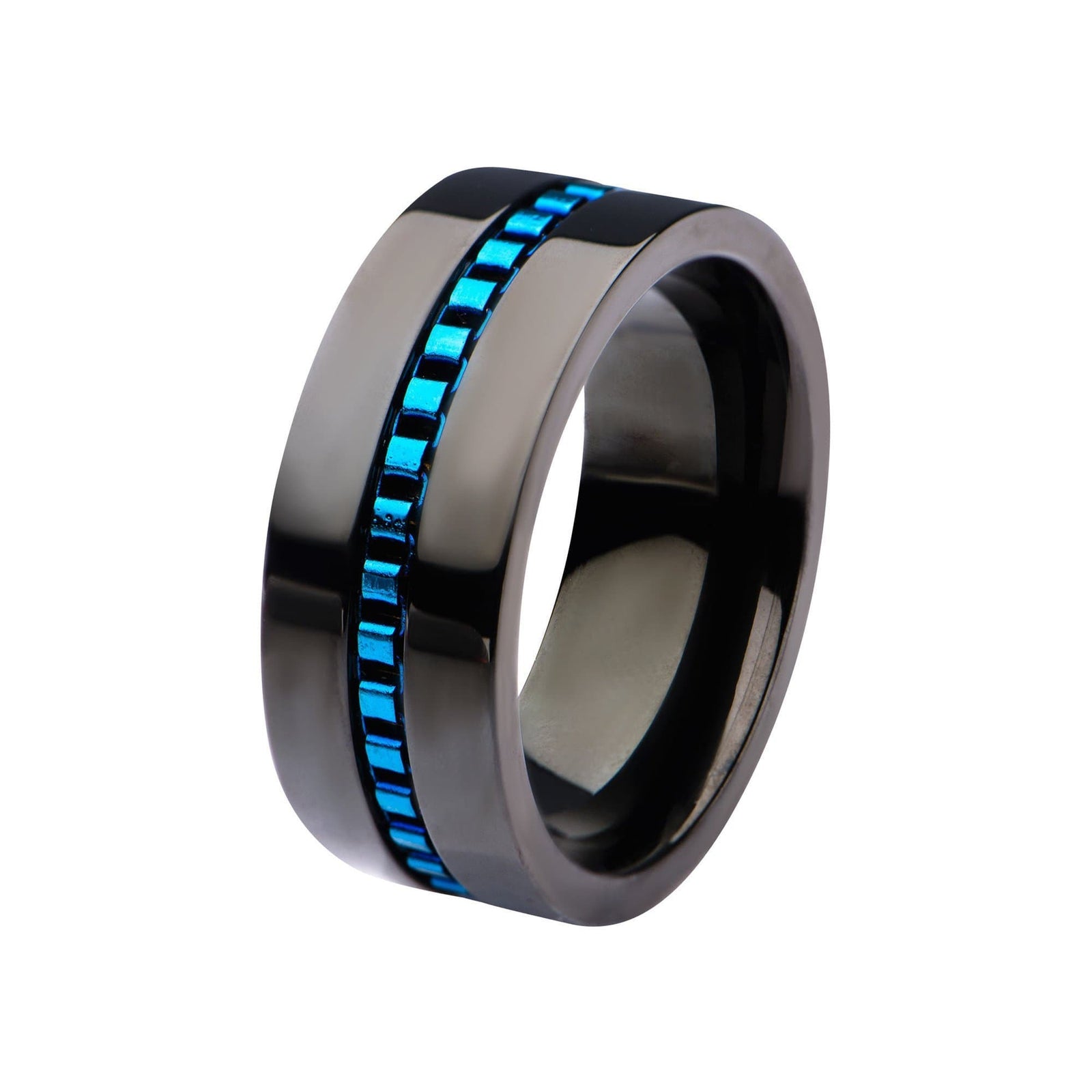 INOX JEWELRY Rings Blue and Black Stainless Steel Interconnected Linked Detail Modern Band Ring