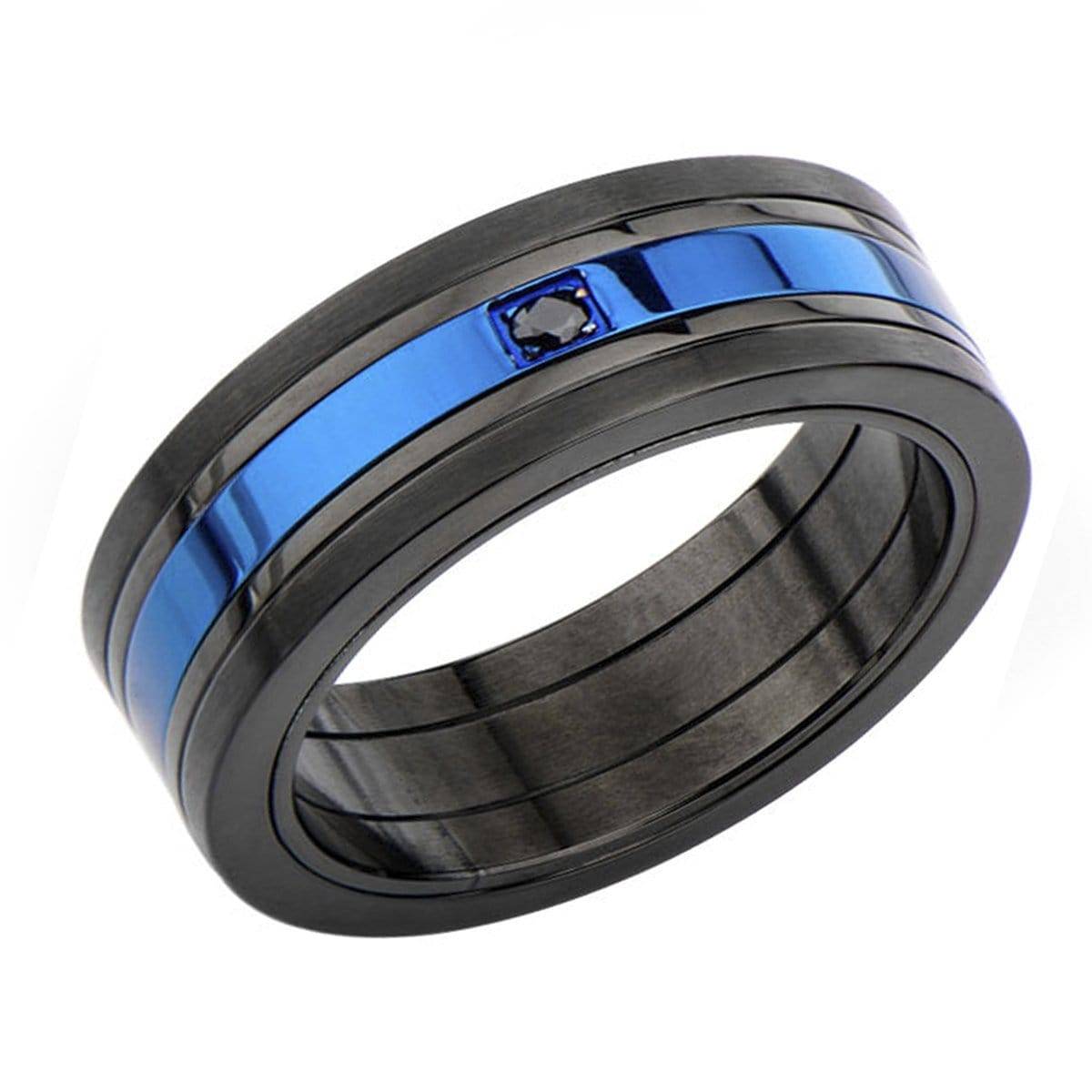 INOX JEWELRY Rings Blue and Black Stainless Steel Striped with Black CZ Spinner Ring
