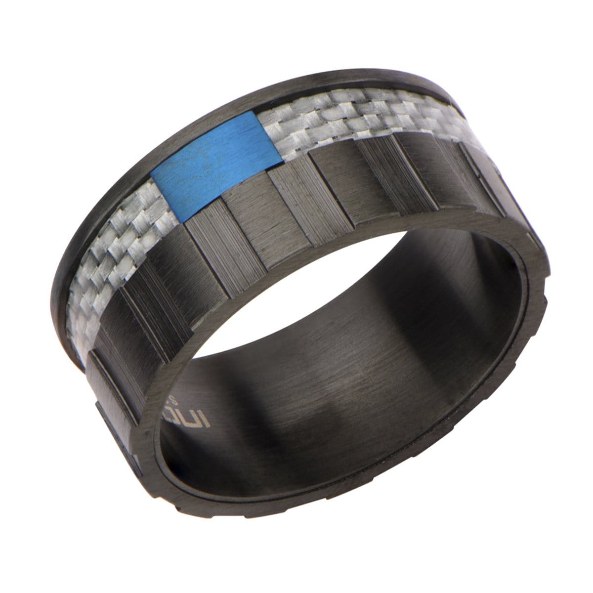 INOX JEWELRY Rings Blue and Black Stainless Steel with Gray Carbon Fiber Banded Block Ring