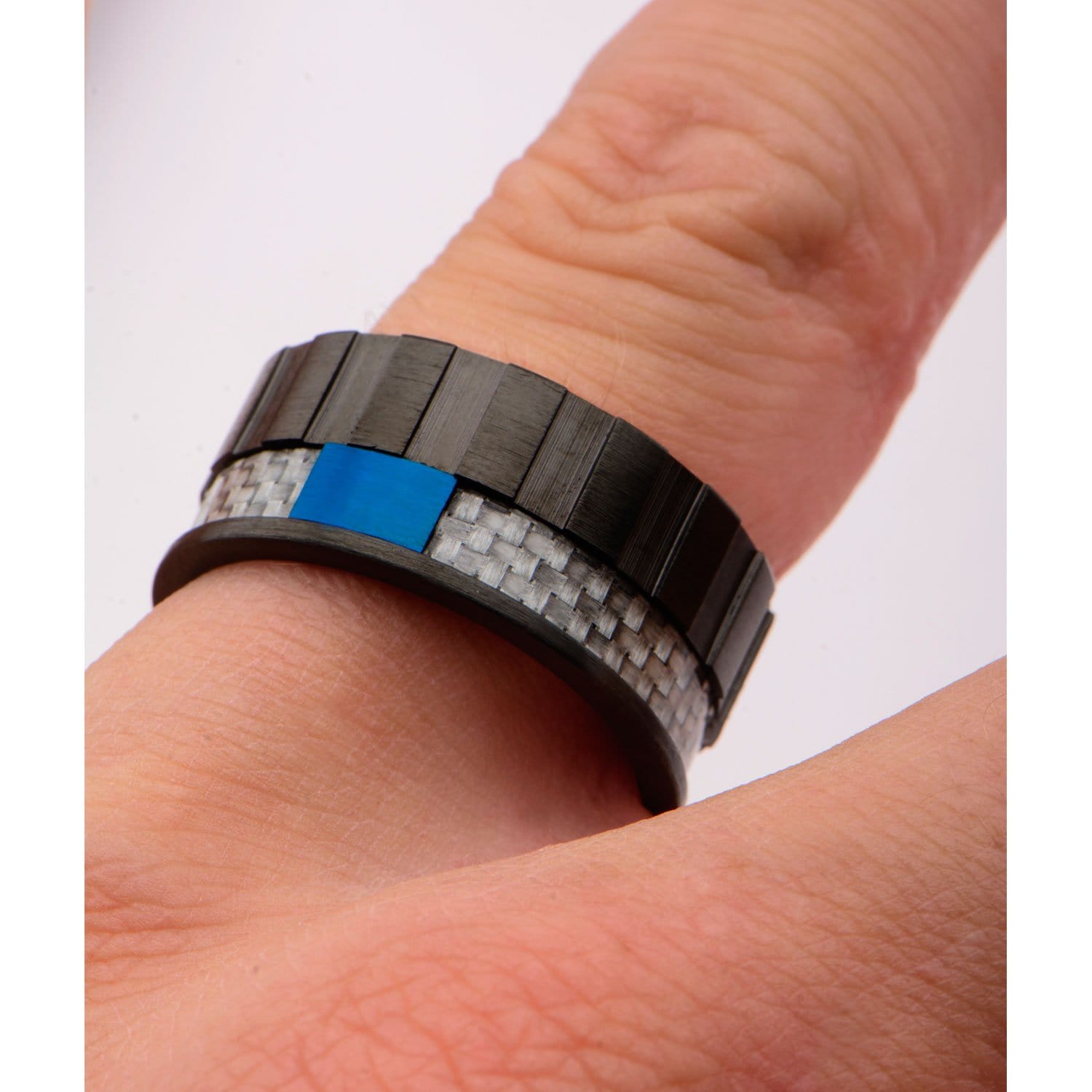INOX JEWELRY Rings Blue and Black Stainless Steel with Gray Carbon Fiber Banded Block Ring