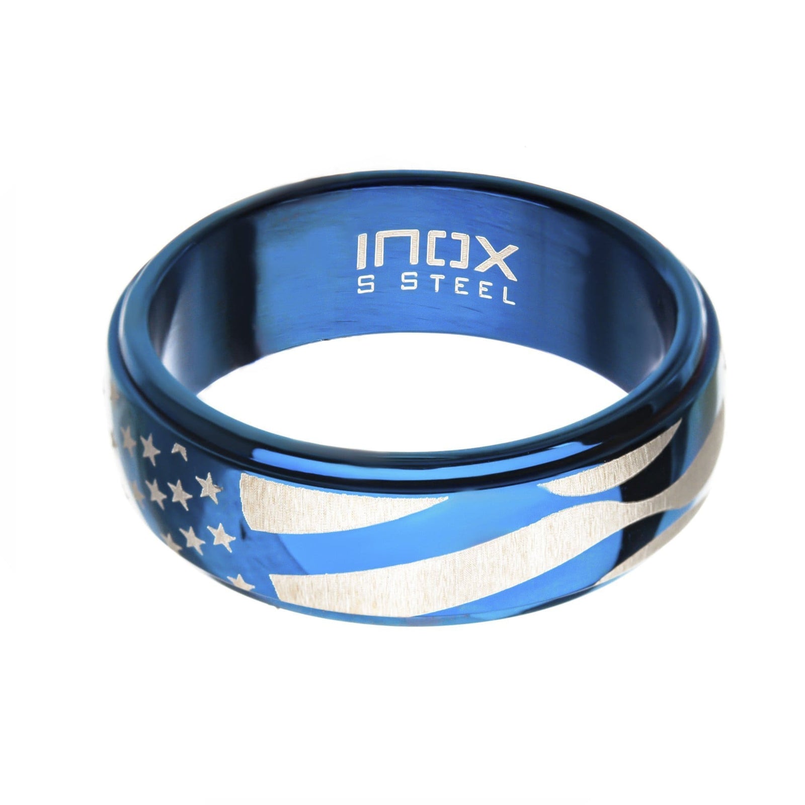INOX JEWELRY Rings Blue and Silver Tone Stainless Steel Stars with Stripes Band Ring