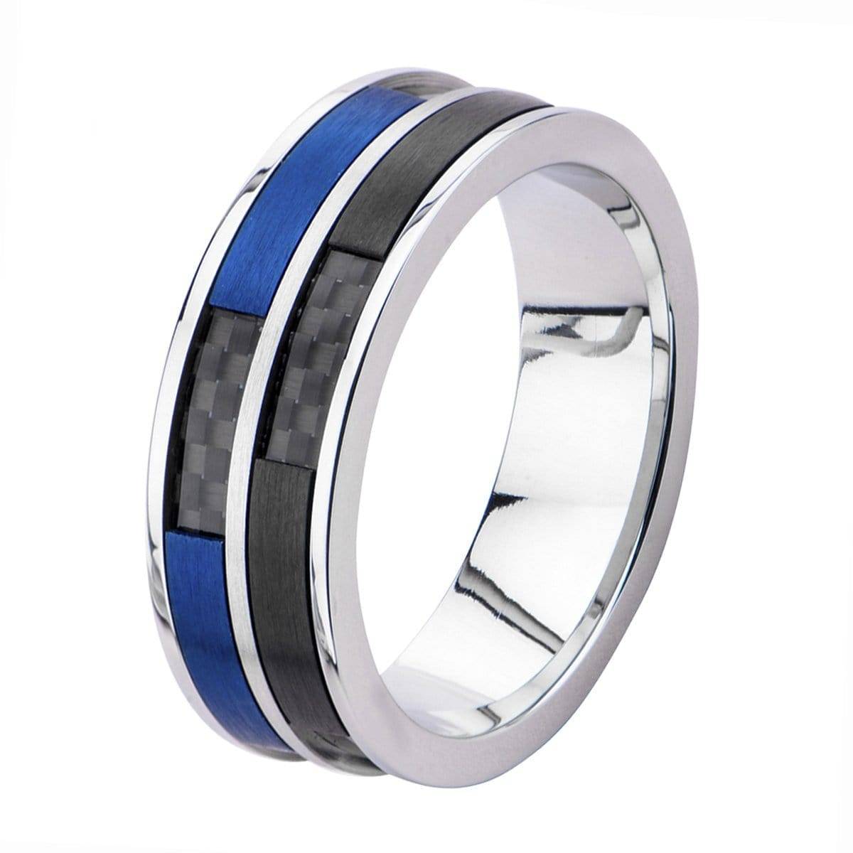 INOX JEWELRY Rings Blue, Black and Silver Tone Stainless Steel Carbon Fiber Double Band Ring