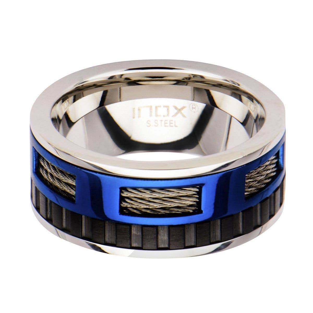 INOX JEWELRY Rings Blue, Black and Silver Tone Stainless Steel Exposed Cable Wire Banded Window Ring