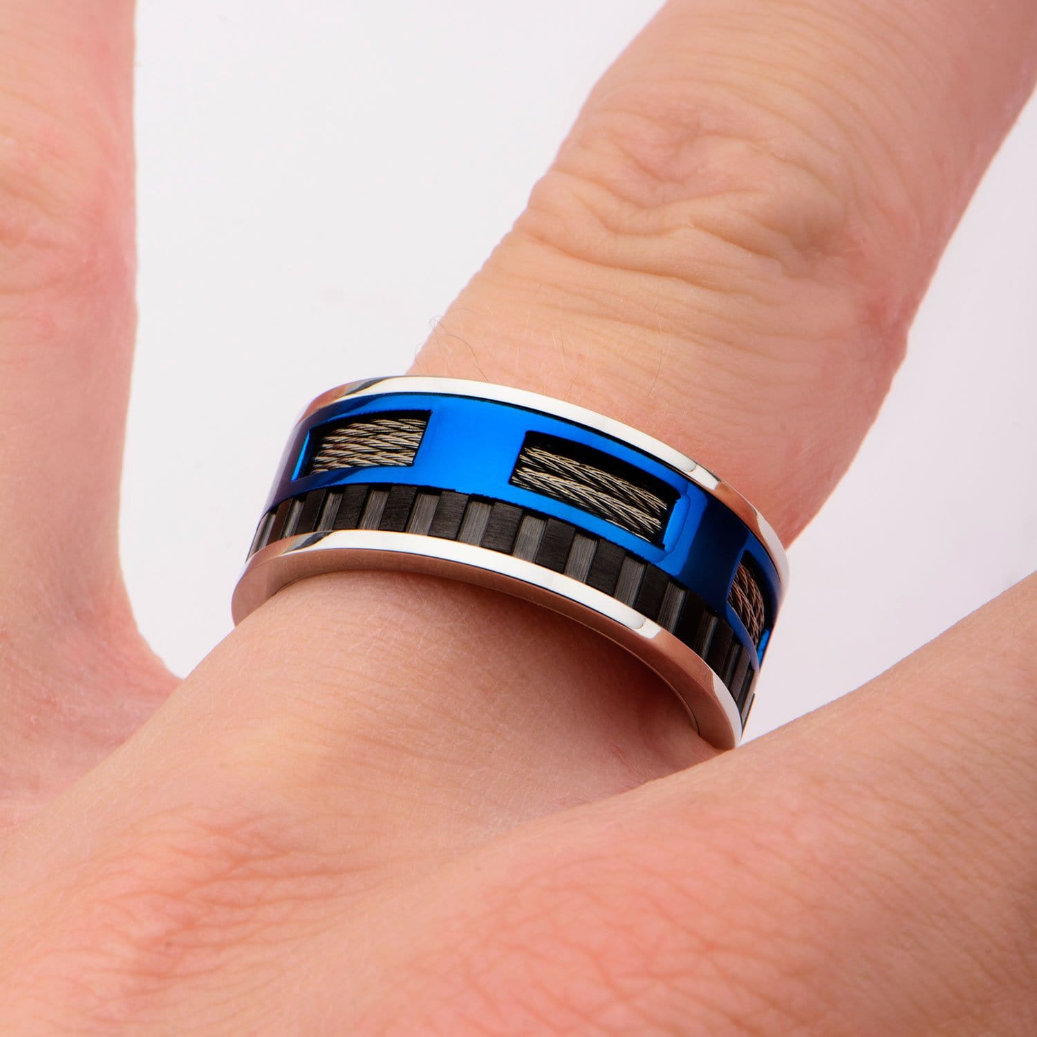 INOX JEWELRY Rings Blue, Black and Silver Tone Stainless Steel Exposed Cable Wire Banded Window Ring