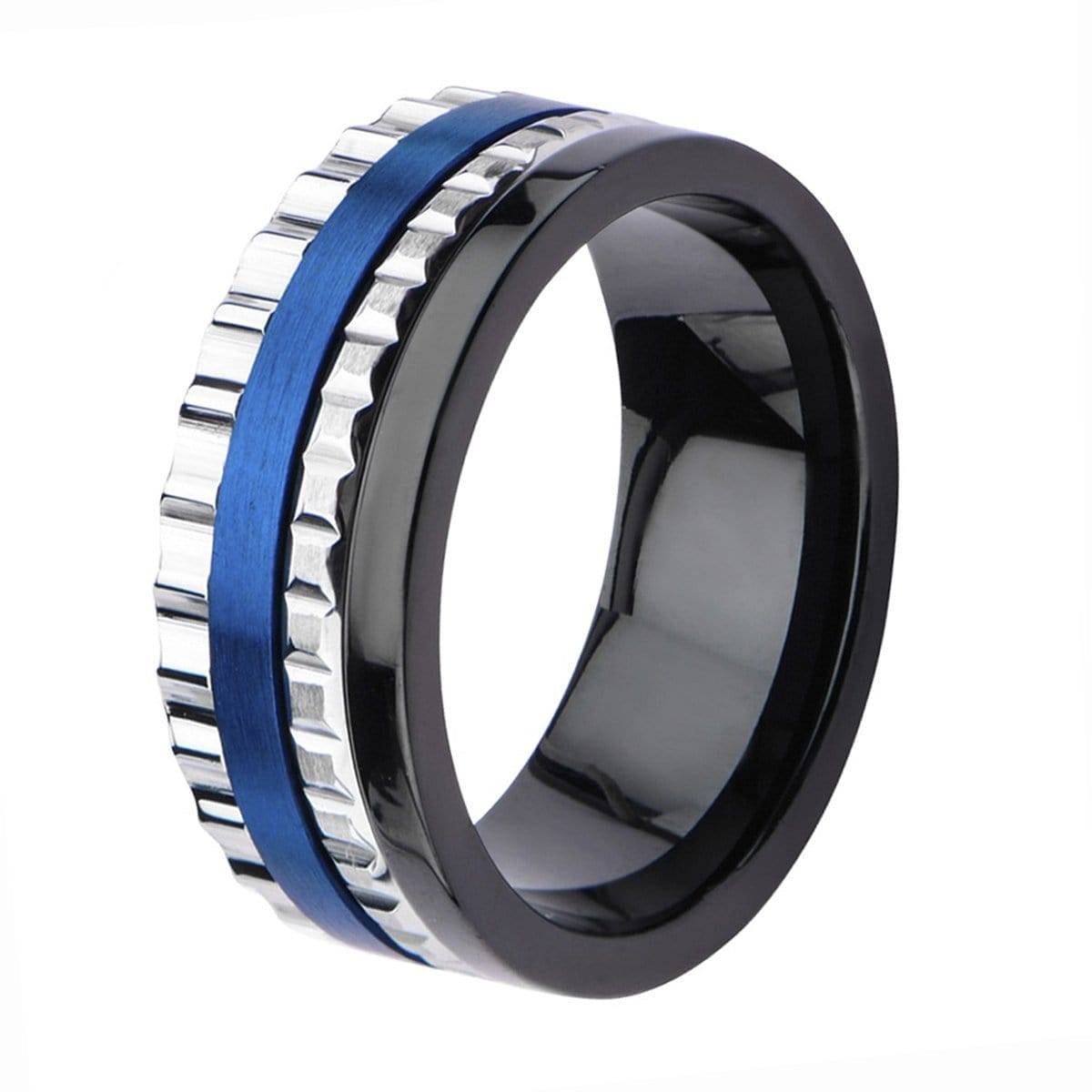INOX JEWELRY Rings Blue, Black and Silver Tone Stainless Steel Jagged Edge Band Ring