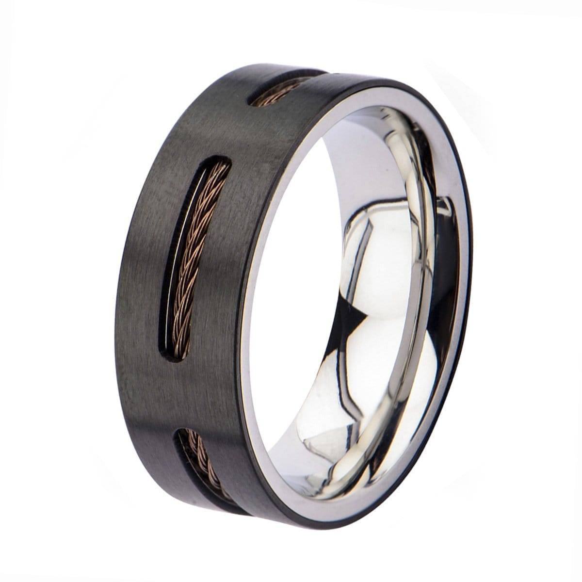 INOX JEWELRY Rings Brown, Black and Silver Tone Stainless Steel Partial Exposed Cable Ring
