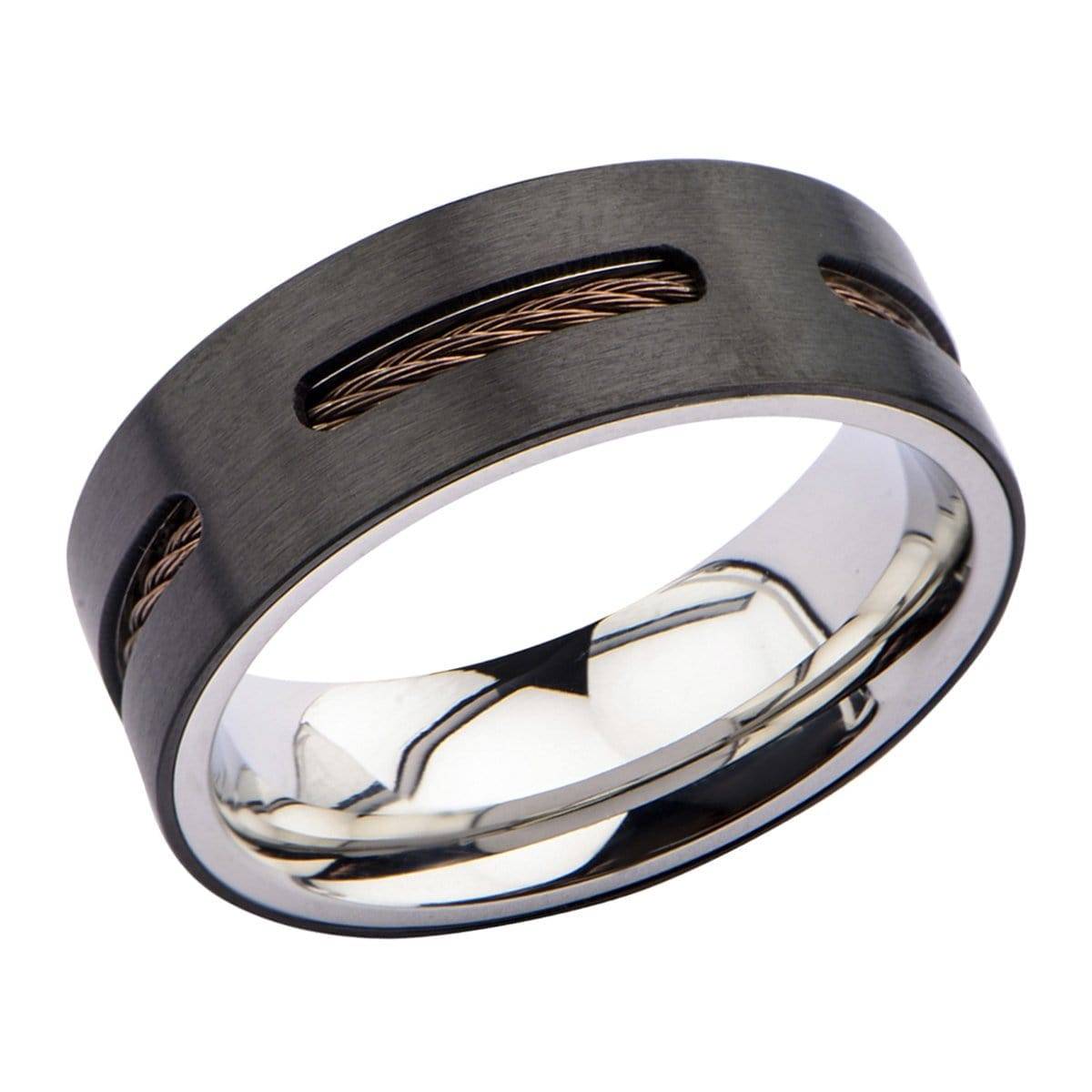 INOX JEWELRY Rings Brown, Black and Silver Tone Stainless Steel Partial Exposed Cable Ring
