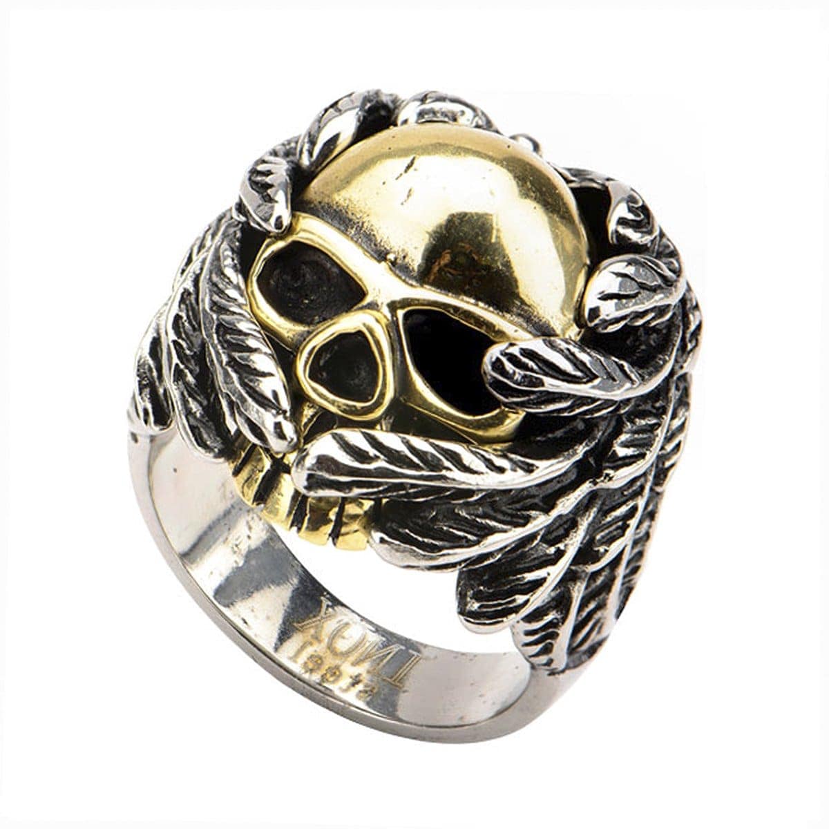 INOX JEWELRY Rings Golden Tone and Antiqued Silver Tone Stainless Steel Bundled Skull in Wings Ring