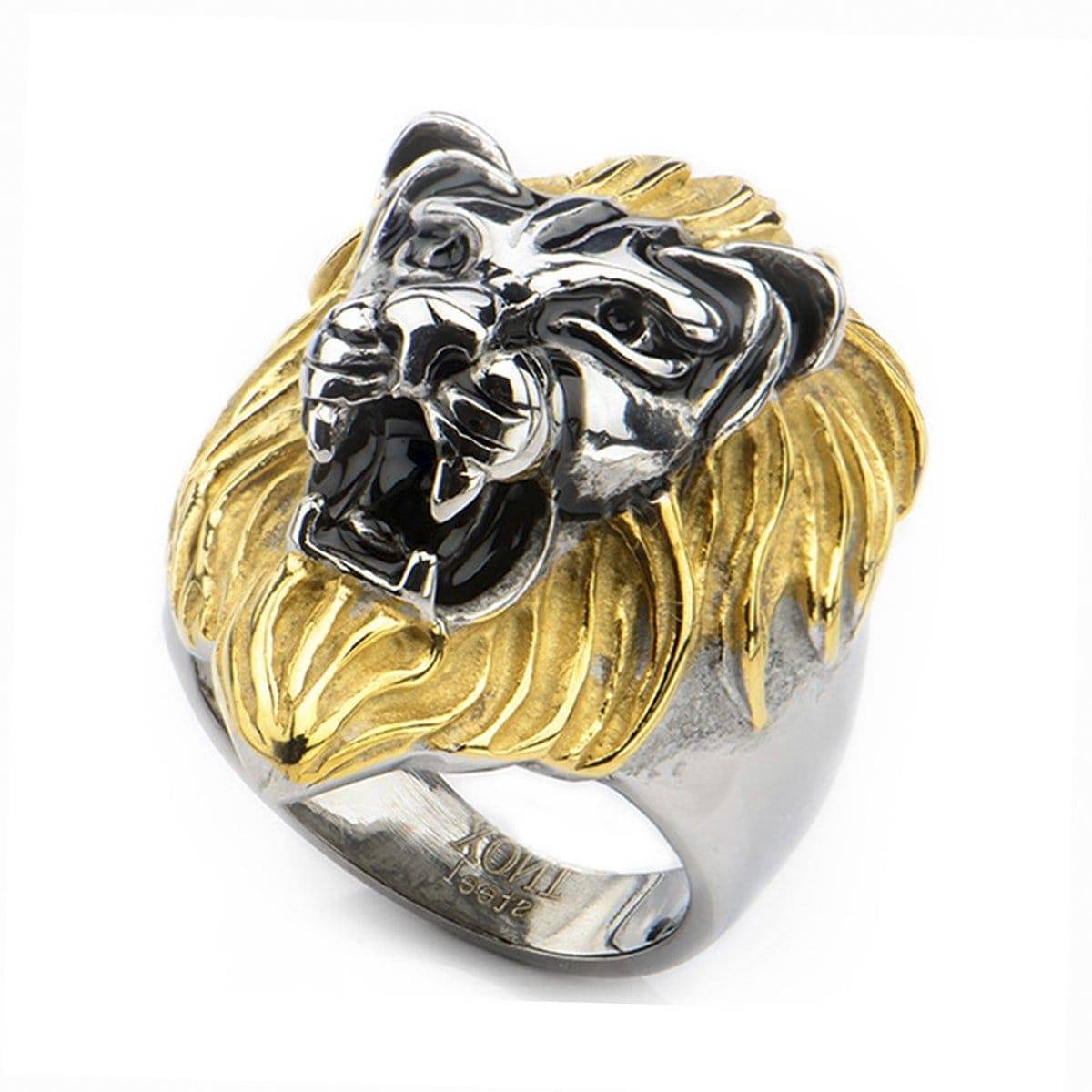 INOX JEWELRY Rings Golden Tone and Antiqued Silver Tone Stainless Steel Lion's Head Ring