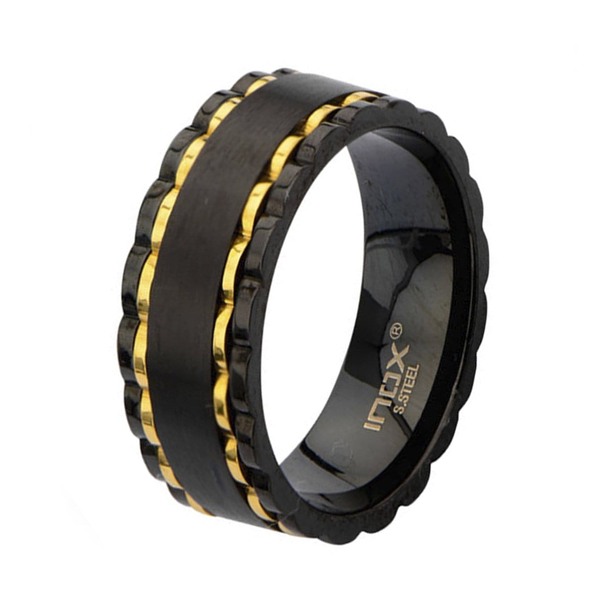 INOX JEWELRY Rings Golden Tone and Black Stainless Steel Glossy Outlined Spinner Ring