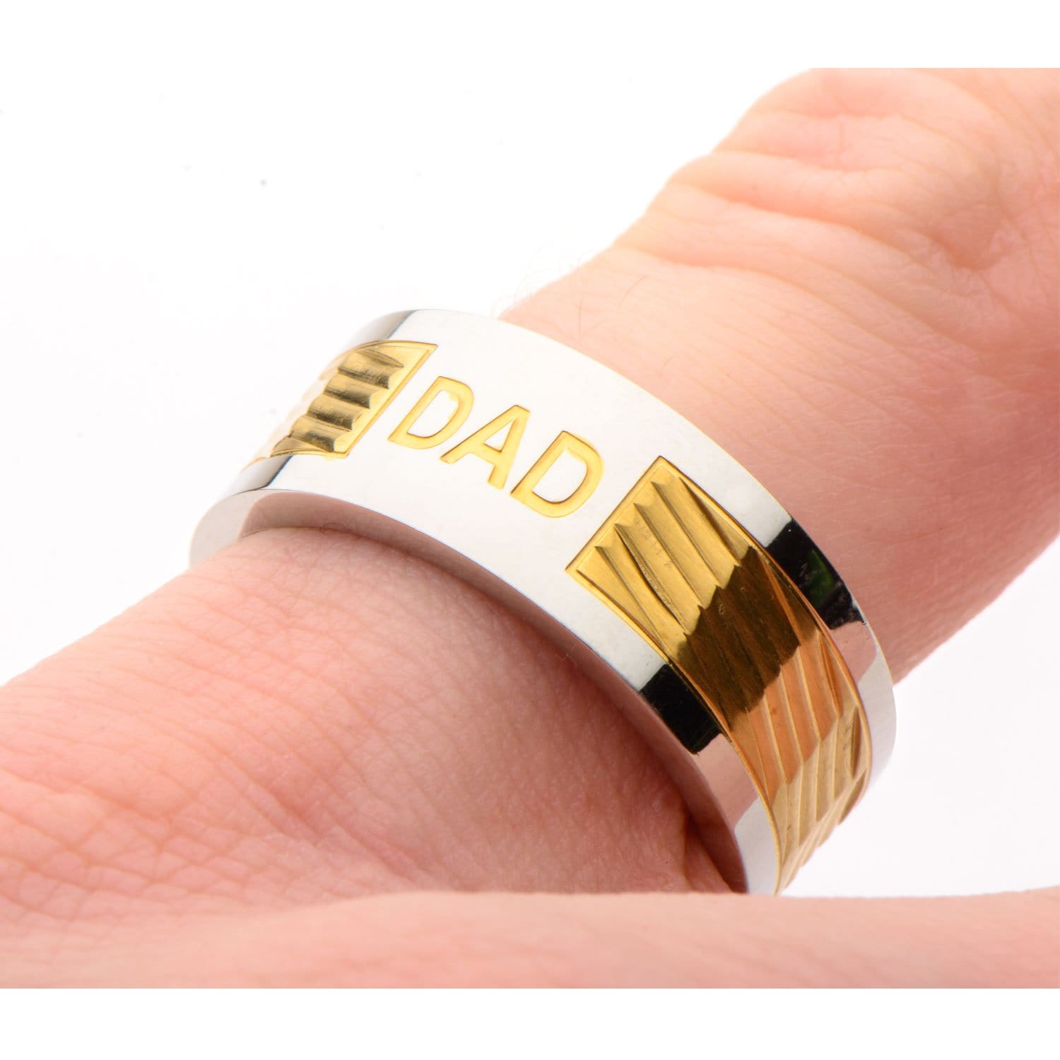 INOX JEWELRY Rings Golden Tone and Silver Tone Stainless Steel Engraved DAD Patterned Band