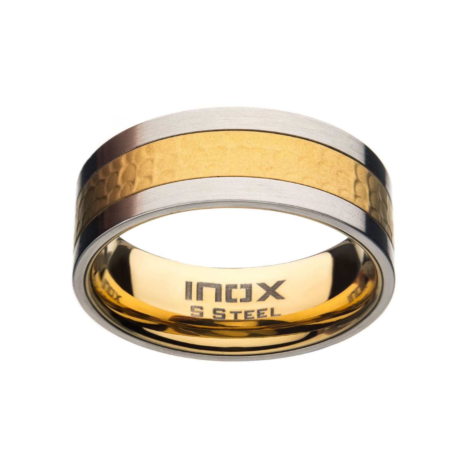INOX JEWELRY Rings Golden Tone and Silver Tone Stainless Steel Matte Finish Hammered Band Ring