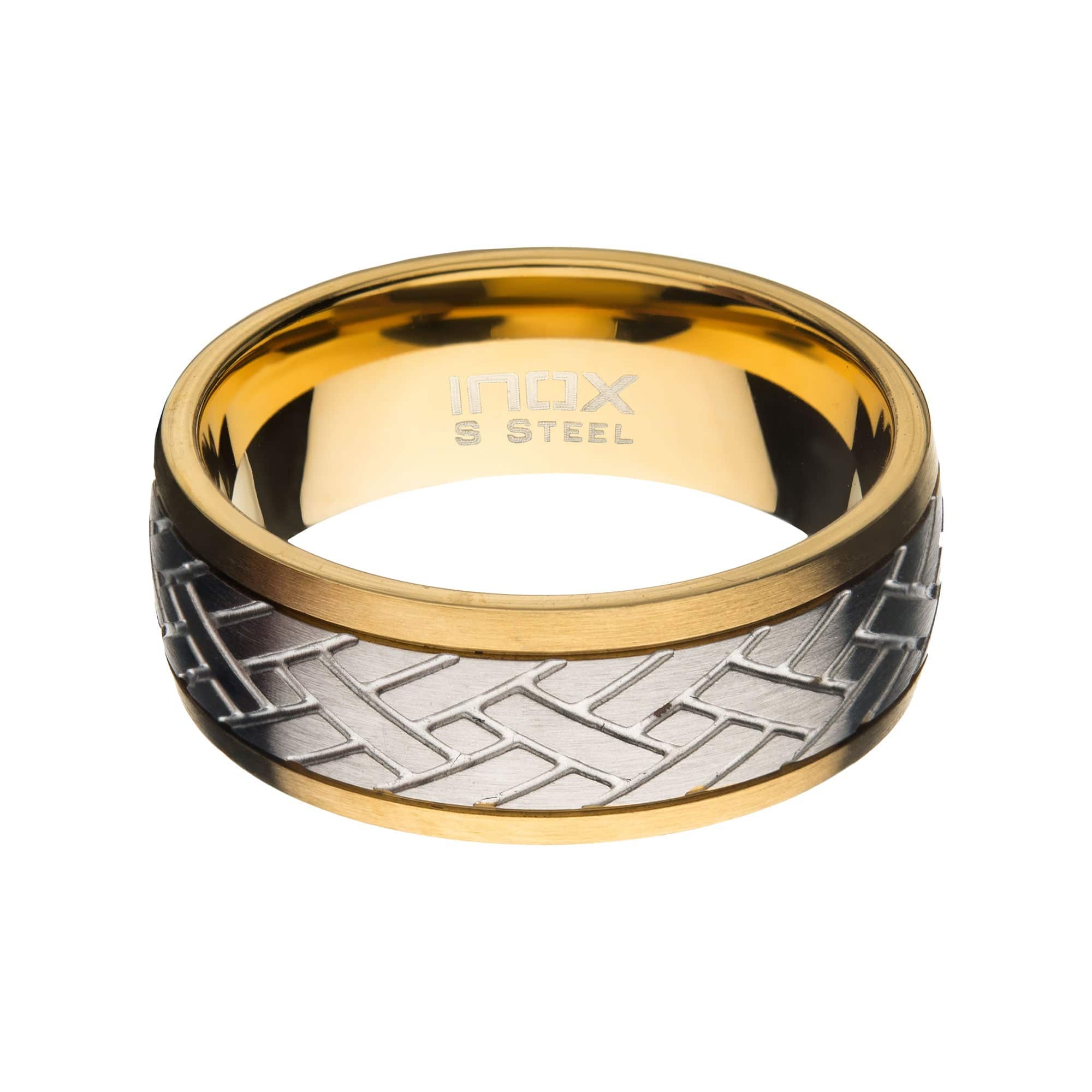 INOX JEWELRY Rings Golden Tone and Silver Tone Stainless Steel Weave Pattern Inlaid Band Ring