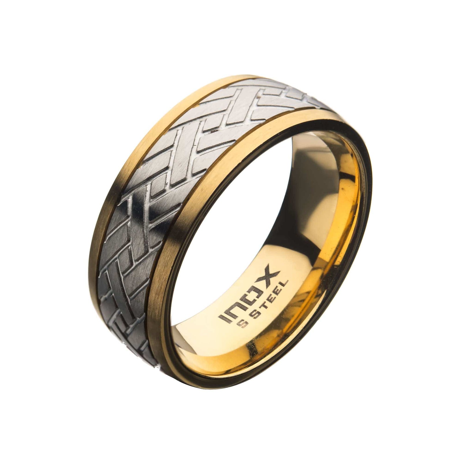 INOX JEWELRY Rings Golden Tone and Silver Tone Stainless Steel Weave Pattern Inlaid Band Ring