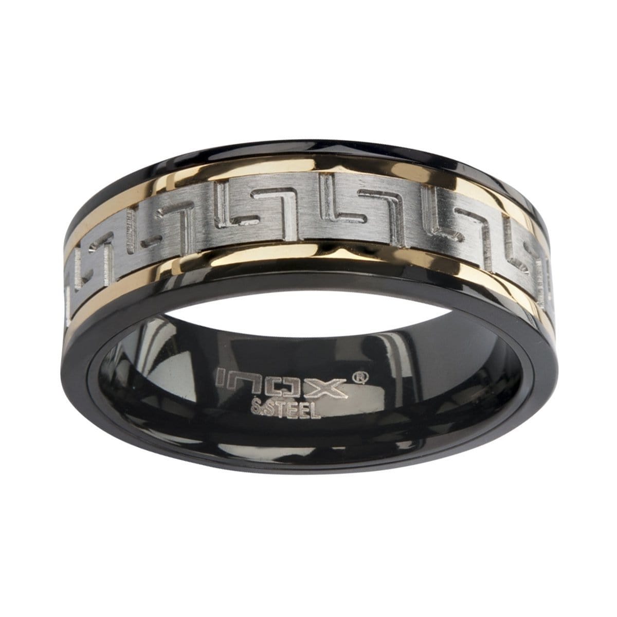 INOX JEWELRY Rings Golden Tone, Black and Silver Tone Stainless Steel Banded Greek Key Ring