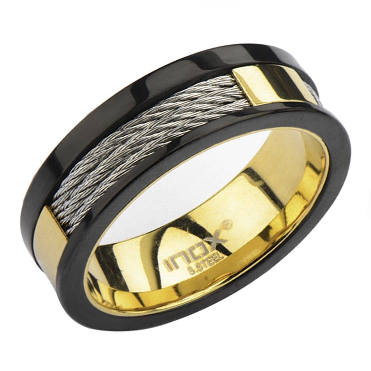 INOX JEWELRY Rings Golden Tone, Black and Silver Tone Stainless Steel Partial Exposed Cable Ring