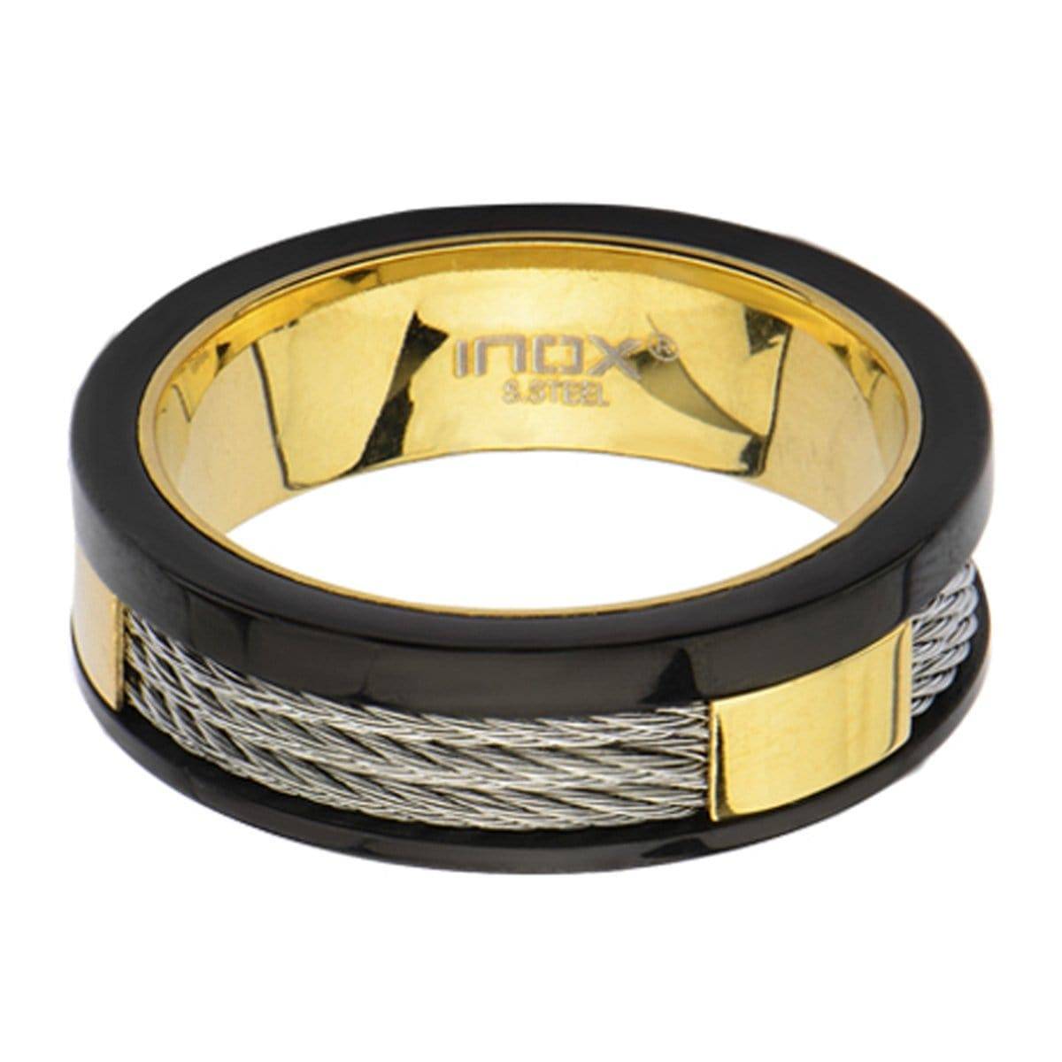 INOX JEWELRY Rings Golden Tone, Black and Silver Tone Stainless Steel Partial Exposed Cable Ring