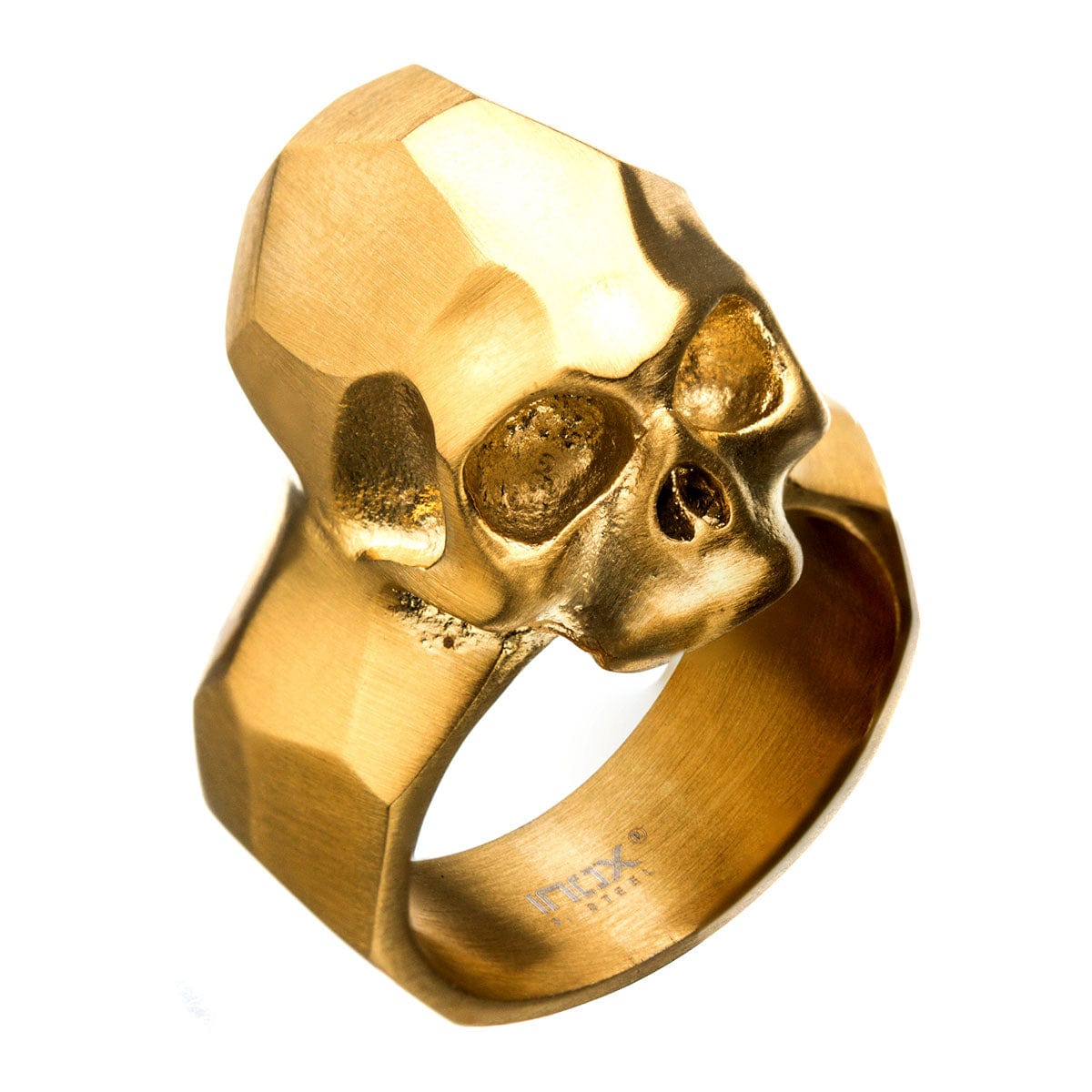 INOX JEWELRY Rings Golden Tone Stainless Steel Brushed Finish Rugged Skull Ring
