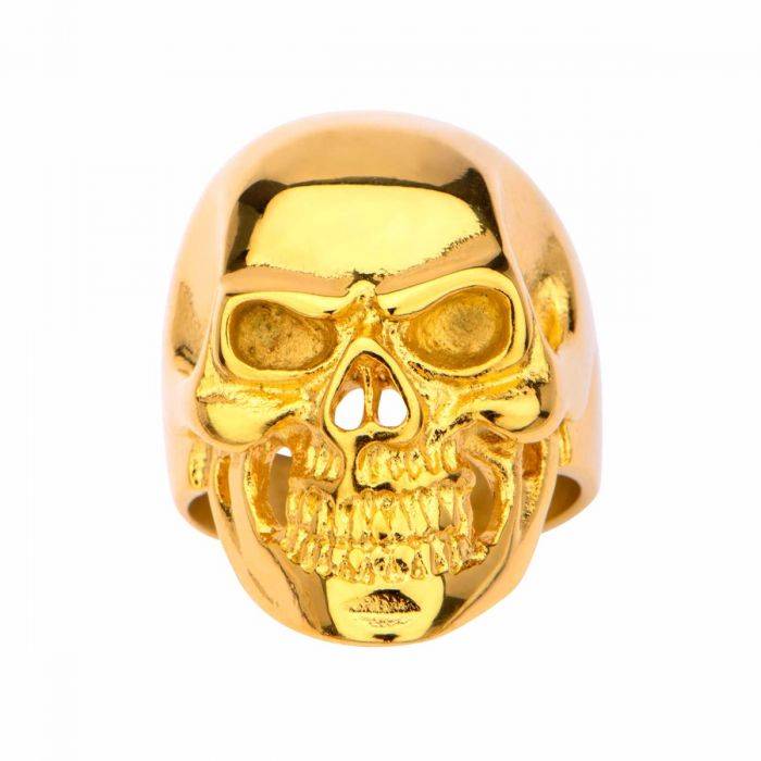 INOX JEWELRY Rings Golden Tone Stainless Steel Grinning Skull Ring