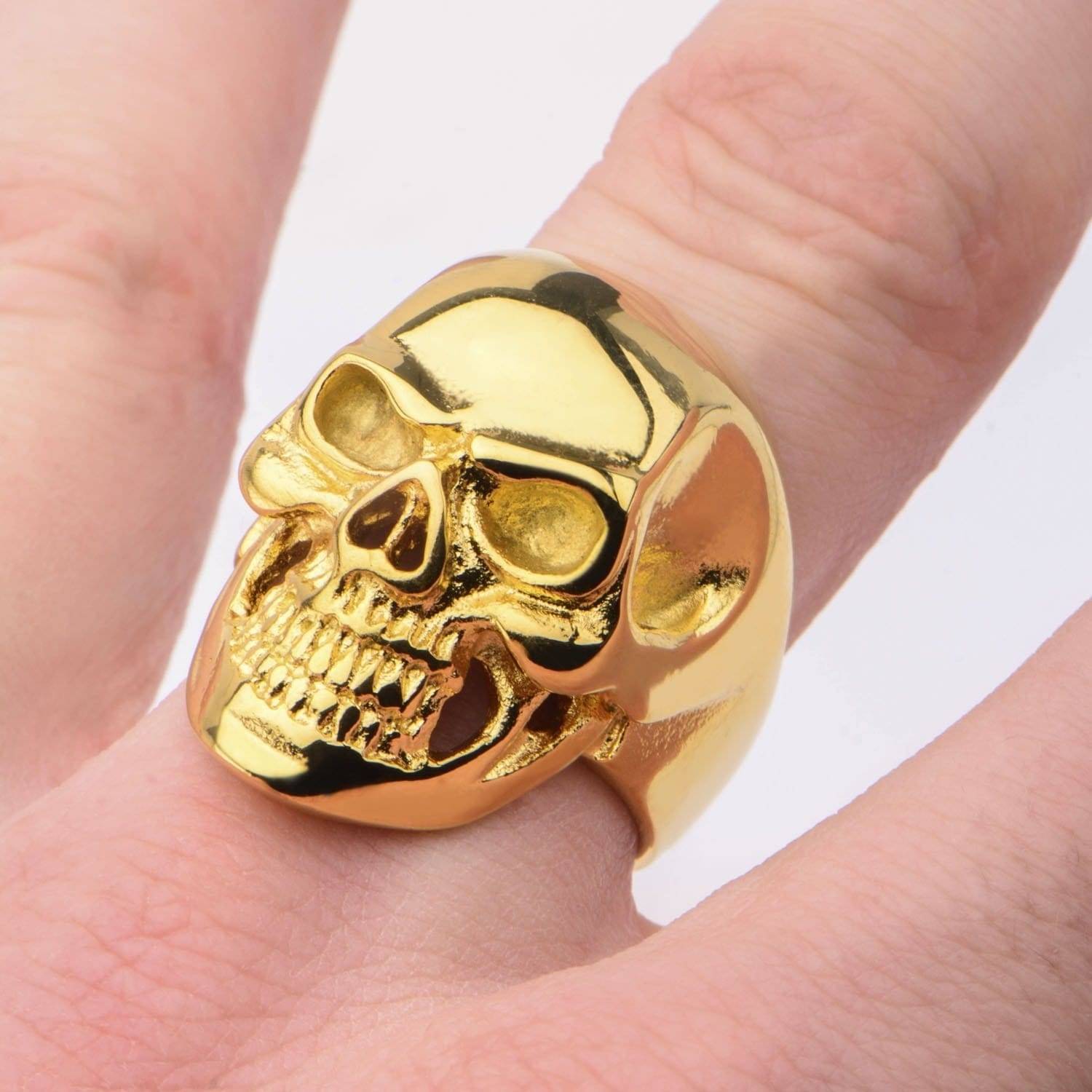 INOX JEWELRY Rings Golden Tone Stainless Steel Grinning Skull Ring