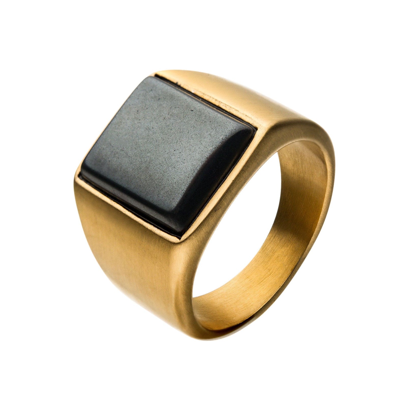 INOX JEWELRY Rings Golden Tone Stainless Steel Stonehenge Collection Matte and Polish Finish Black Hematite Signet Ring