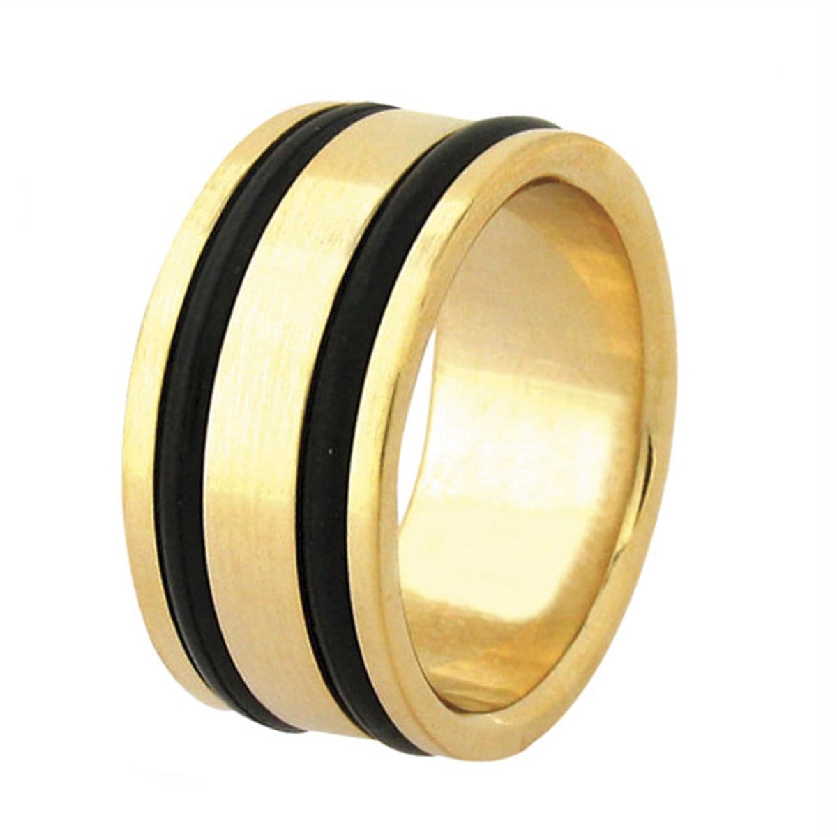INOX JEWELRY Rings Golden Tone Stainless Steel with Black Rubber Detail Ring