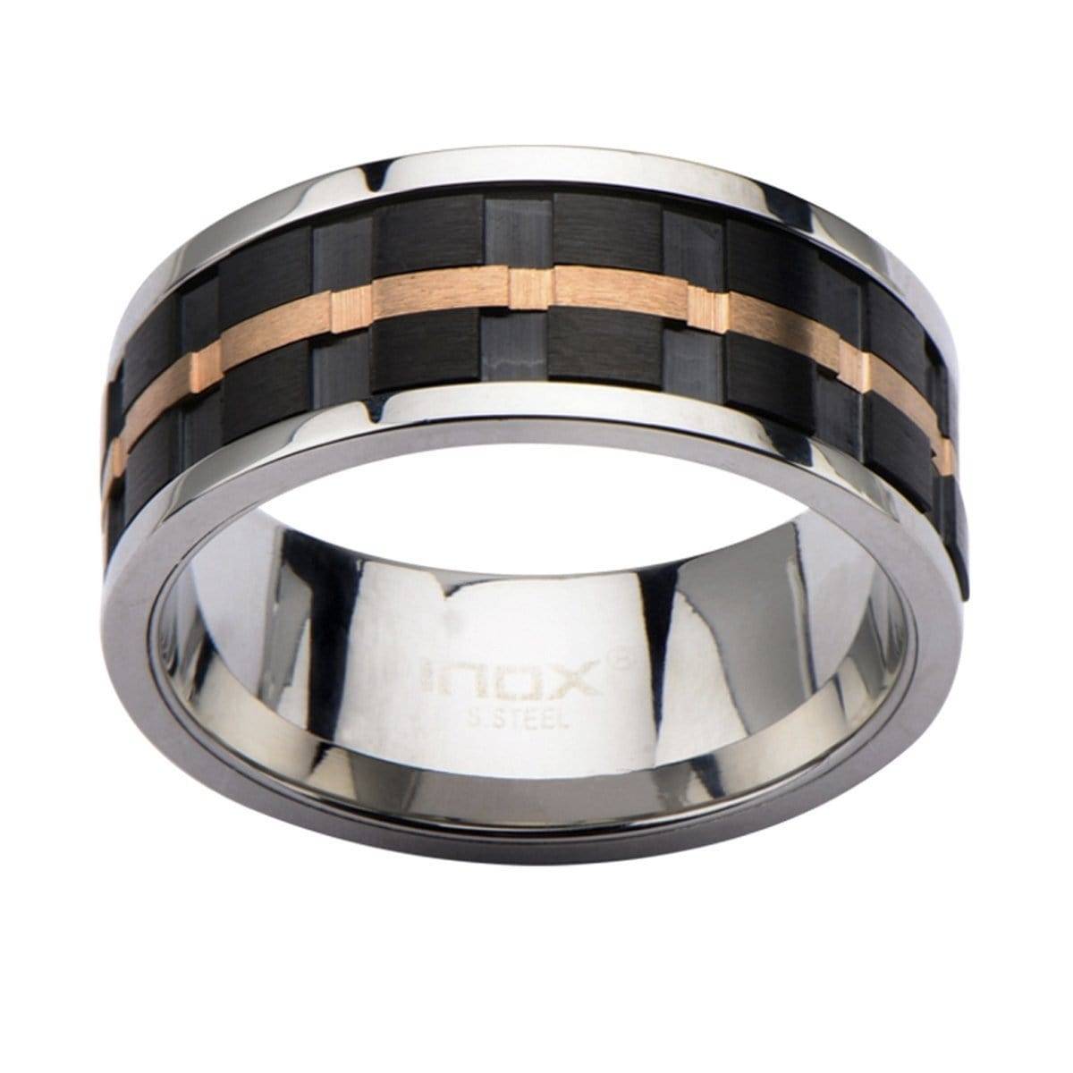 INOX JEWELRY Rings Rose Tone, Black, and Silver Tone Stainless Steel Ridged Stripe Spinner Ring