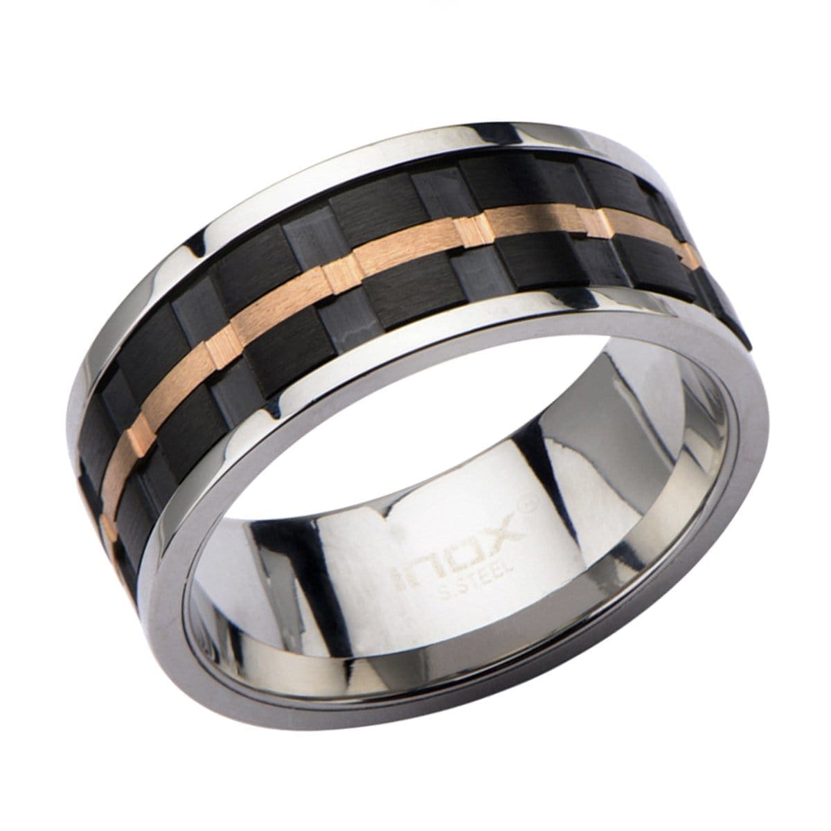 INOX JEWELRY Rings Rose Tone, Black, and Silver Tone Stainless Steel Ridged Stripe Spinner Ring