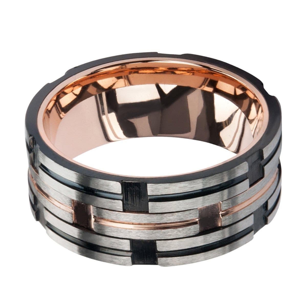 INOX JEWELRY Rings Rose Tone, Black and Silver Tone Stainless Steel Sleek Block Band
