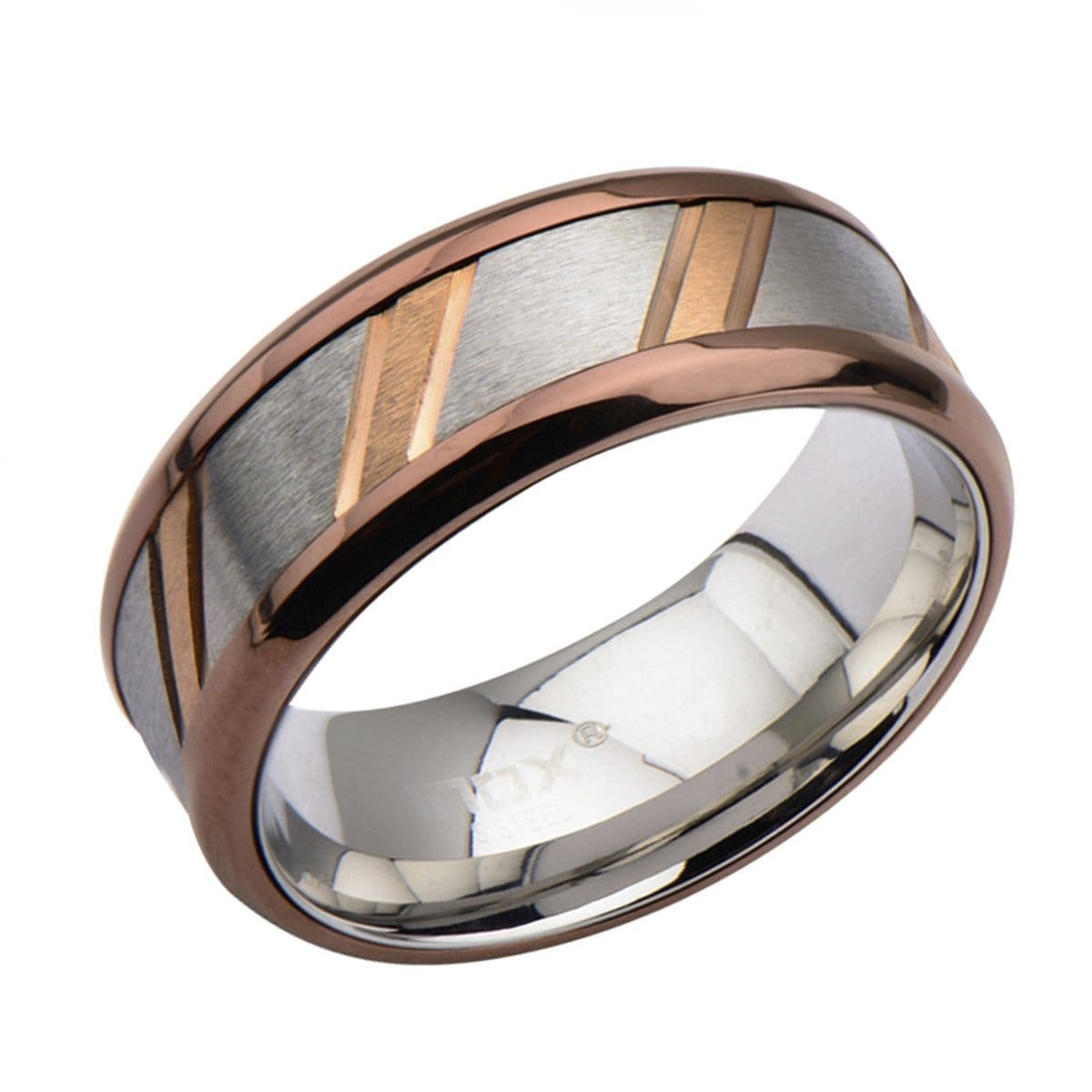 INOX JEWELRY Rings Rose Tone, Brown and Silver Tone Stainless Steel Diagonal Slash Ring