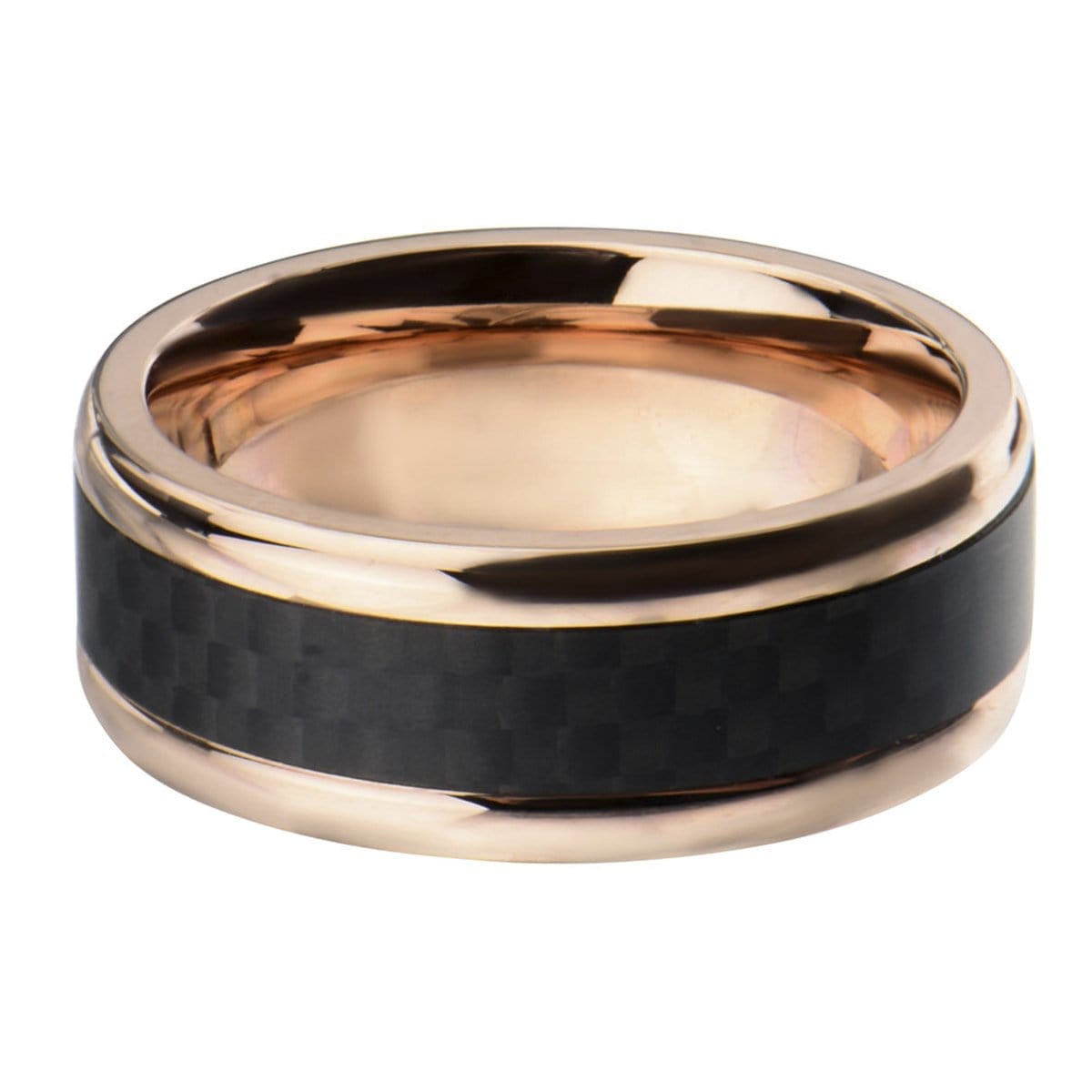 INOX JEWELRY Rings Rose Tone Stainless Steel Black Solid Carbon Fiber Band Ring