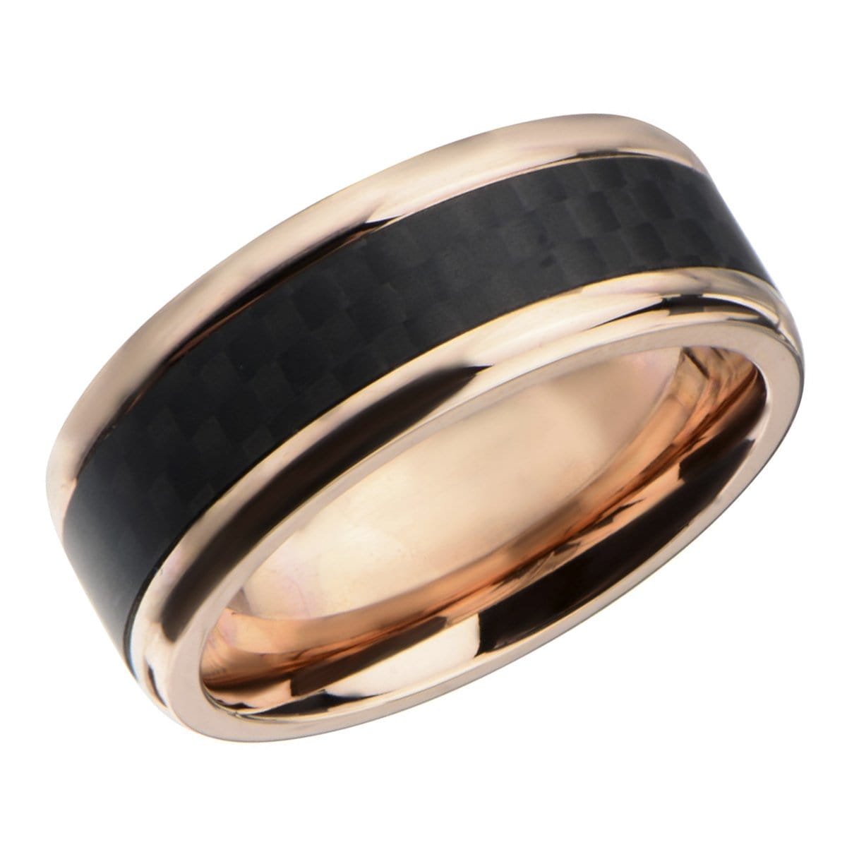 INOX JEWELRY Rings Rose Tone Stainless Steel Black Solid Carbon Fiber Band Ring