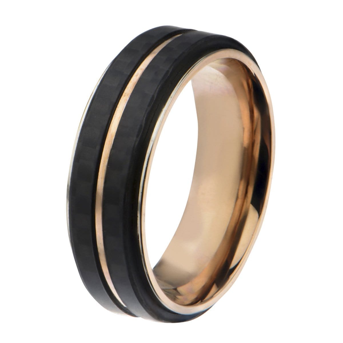 INOX JEWELRY Rings Rose Tone Stainless Steel Double Black Carbon Fiber Stripe Band Ring