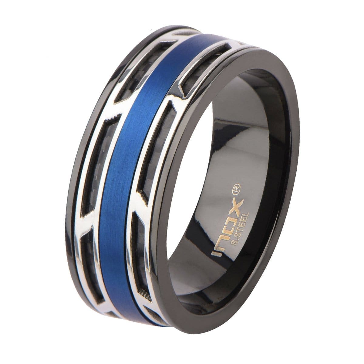 INOX JEWELRY Rings Silver Tone, Blue and Black Stainless Steel with Inlaid Carbon Fiber Ring