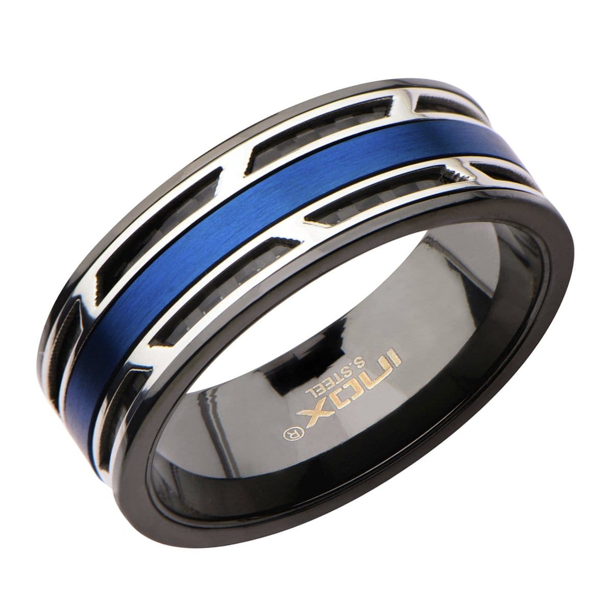INOX JEWELRY Rings Silver Tone, Blue and Black Stainless Steel with Inlaid Carbon Fiber Ring