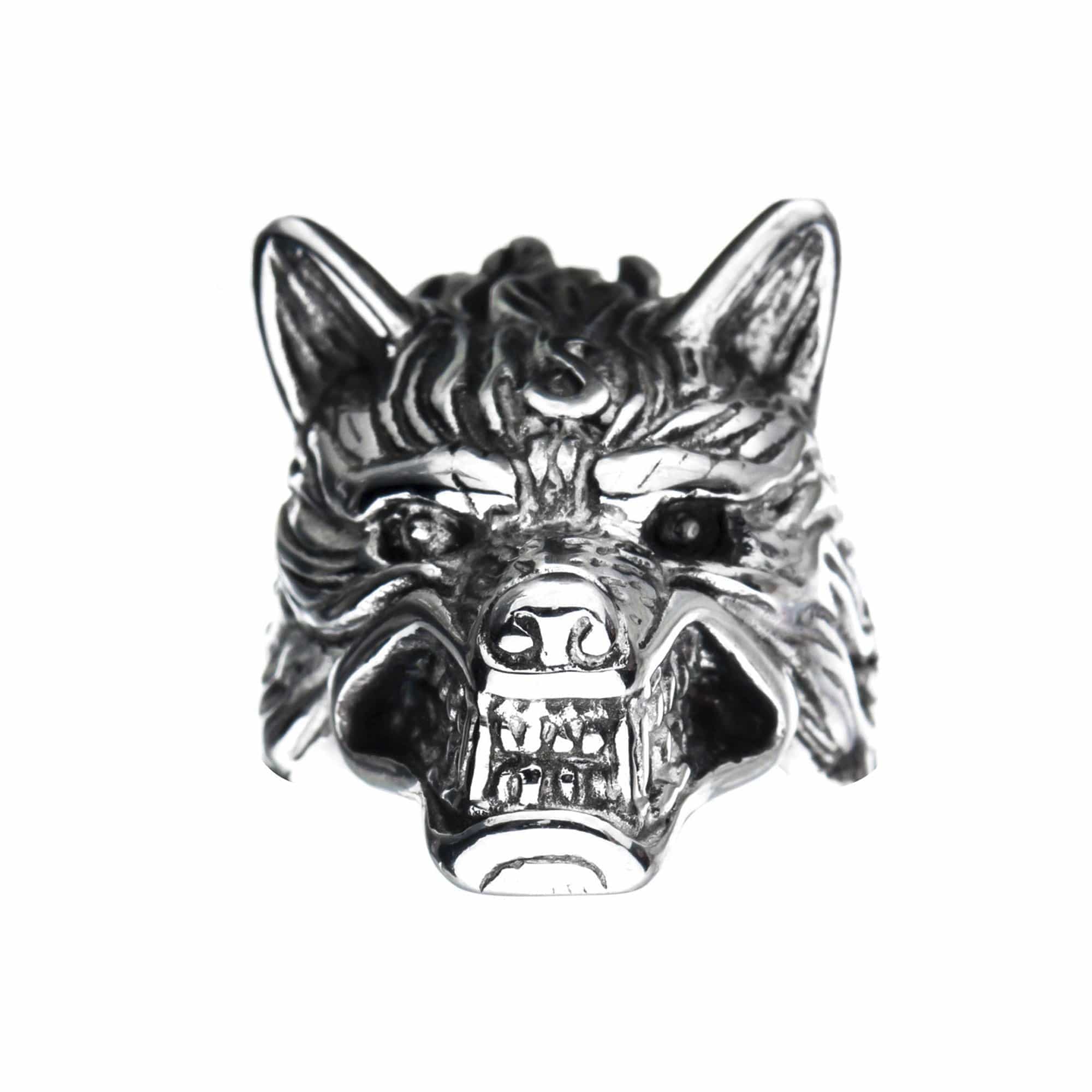 INOX JEWELRY Rings Silver Tone Stainless Steel Angry Wolf Ring