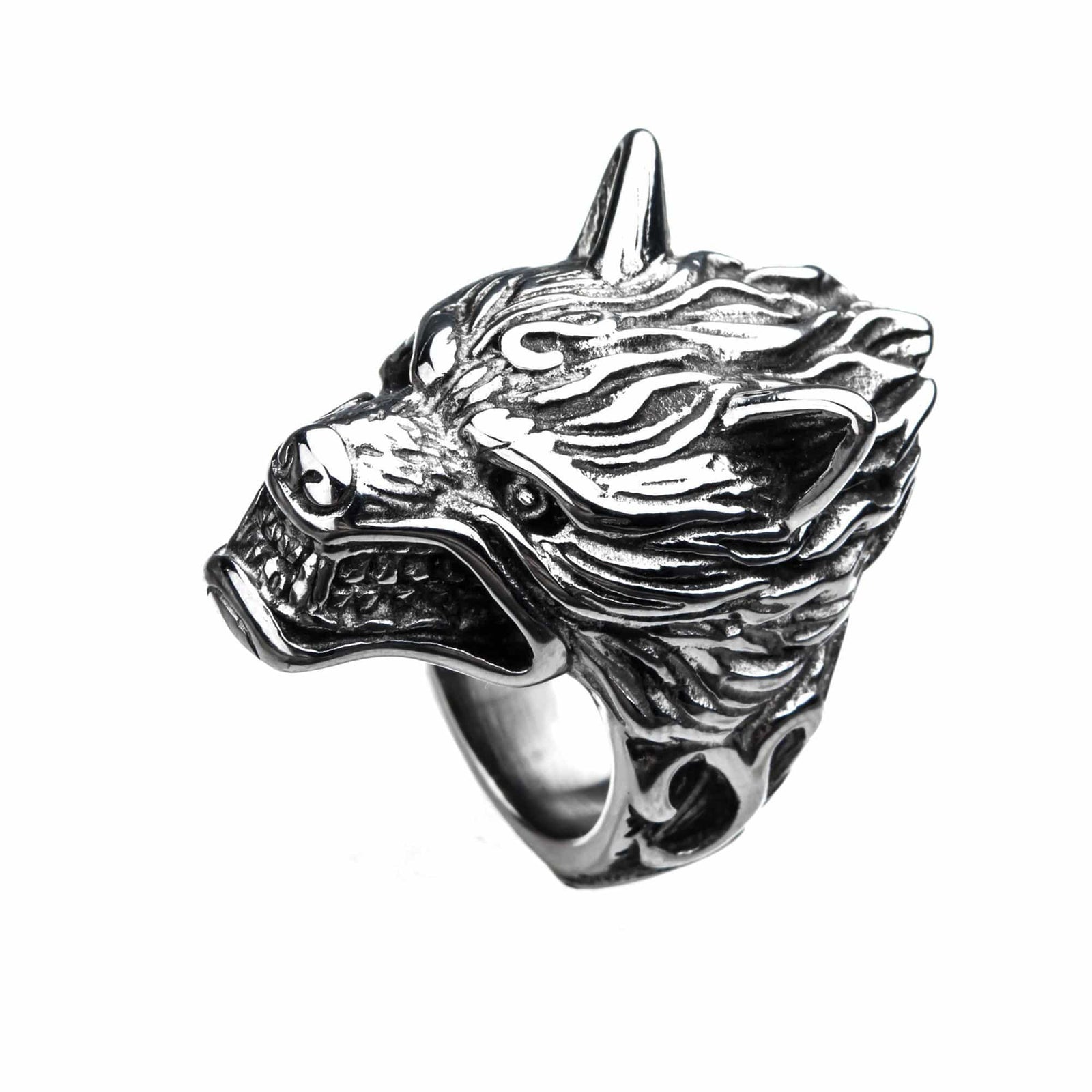 INOX JEWELRY Rings Silver Tone Stainless Steel Angry Wolf Ring