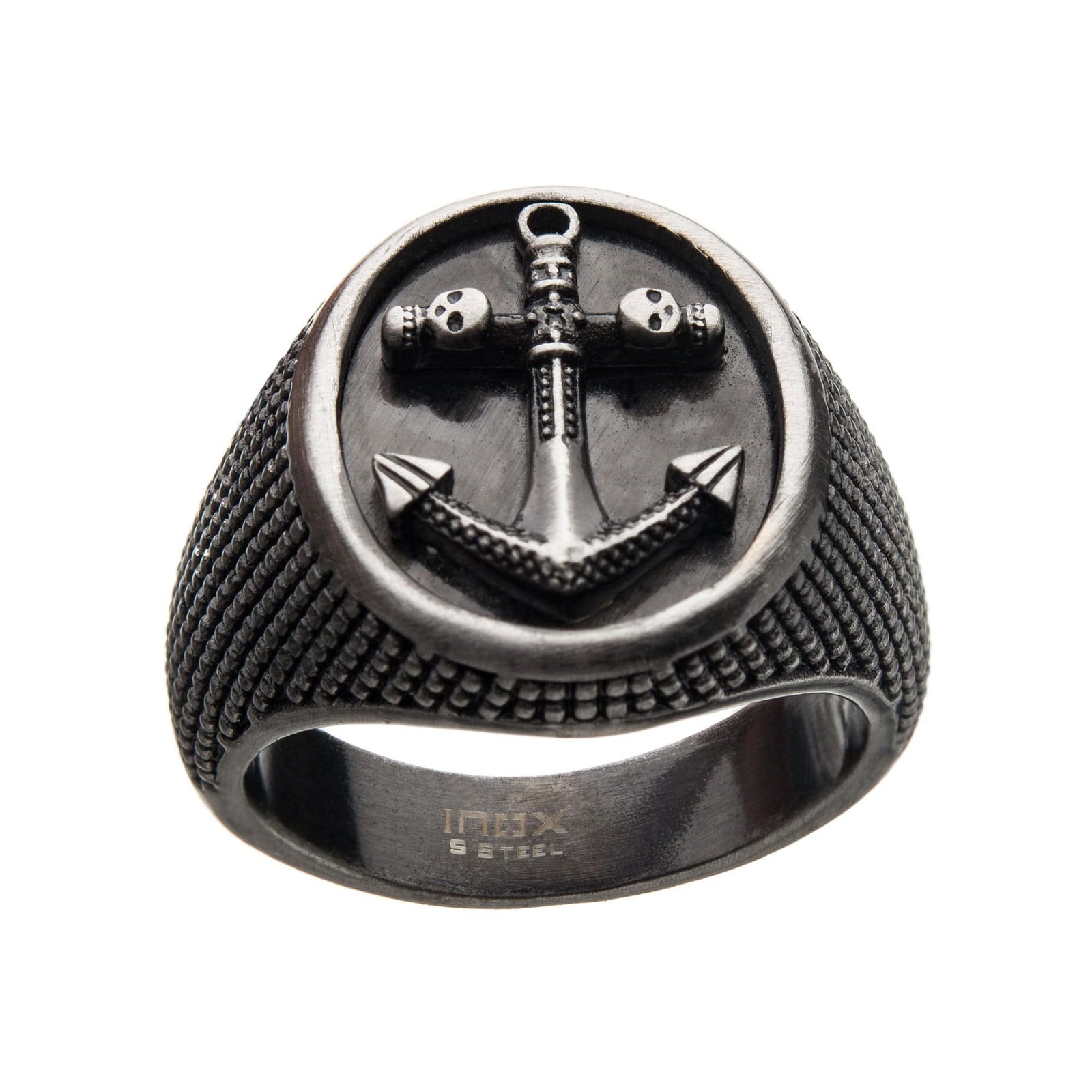INOX JEWELRY Rings Silver Tone Stainless Steel Antique Finish Anchor Design Skull Signet Ring