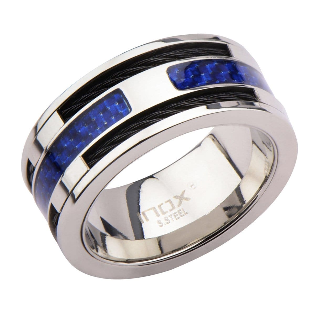 INOX JEWELRY Rings Silver Tone Stainless Steel Black Cable and Blue Carbon Fiber Ring
