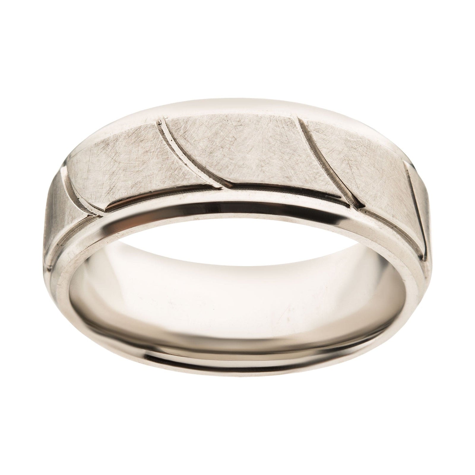 INOX JEWELRY Rings Silver Tone Stainless Steel Brushed with Grooved Beveled Ring